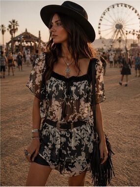 100% Silk Beaded Minimalist Black White Boho Blouse Sheer Lightweight Summer 🕊️
